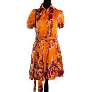 BigHit Fashion sz Small Vtg Style Orange & Purple Floral Dress Puff Sleeves NWOT